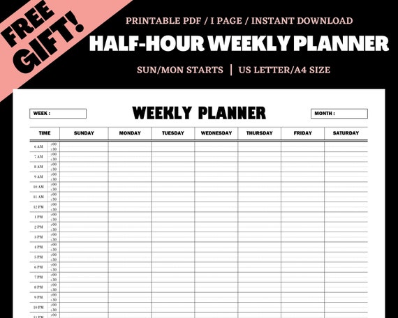 Half-hour Weekly Planner Weekly Planner Printable Week at a | Etsy