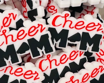 Cheer Mom Silicone Focal Bead, Add On, Wristlet, Black, Red, White, Cheerleading, School Spirit