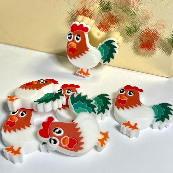 Rooster Silicone Focal Bead, Add On, Wristlet, Chicken, Brown, White, Green, Shaped