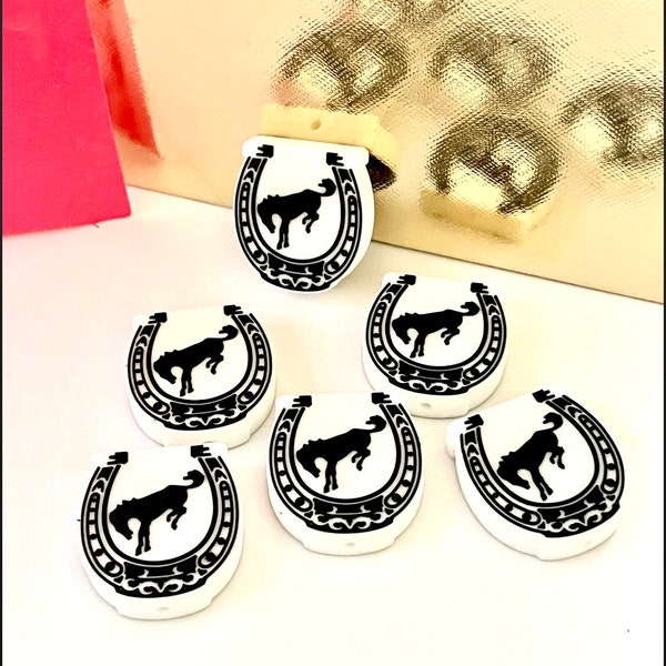 Horse Silicone Focal Bead, Add On, Wristlet, Western, Black, White, Horseshoe