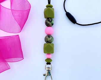 Camo Camouflage Silicone Bead Lanyard, Teacher, Nurse, Student, ID Holder, Keys, ID Badge, keychain, pink, beaded, Clip