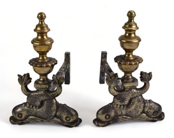 Pair of Antique French Brass Dolphin Andirons Firedogs