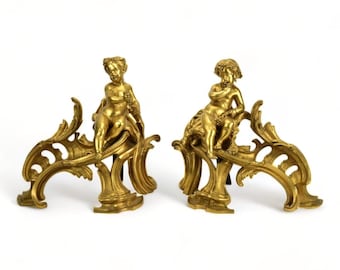 Fine Pair of Antique French Louis XV Gilt Bronze Chenets with Putti