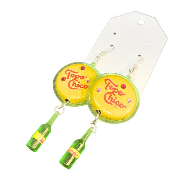 Topo Chico Bejeweled Rhinestone Bottlecap Earrings with Mini Bottle Charm