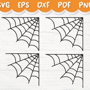May include: Four black and white corner designs of a spider web. Each web is in the shape of a corner with the point of the corner facing inward.