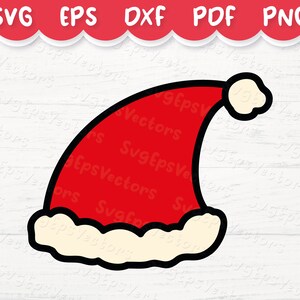 May include: A red and white Santa hat with a white pom-pom on top. The hat is outlined in black.