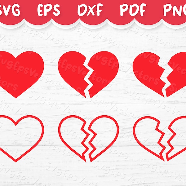 Heart bundle / Red full and broken heart vector illustration for Valentine's day, cut file for Cricut, Shillouette / svg, eps, dxf, png, pdf