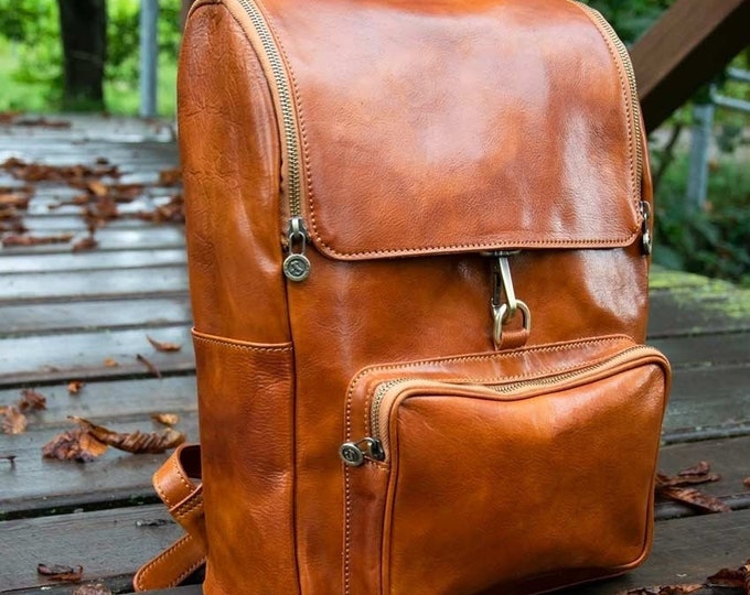 Brown Leather Backpack - Travel Leather Rucksack - 15 inch Laptop Handbag - Italian Genuine Leather - Valentine's Day Gift