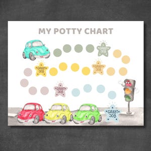 May include: A colorful potty training chart with a car theme. The chart features a row of circles to track progress, with stars that say "Great Job!" and cartoon cars in various colors.