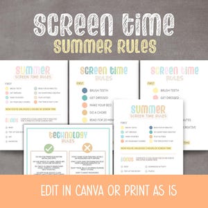 Screen Time Summer Rules, Checklist Printable, Screentime Tracker, Screentime Charts for Kids, Earn Screen Time, EDITABLE