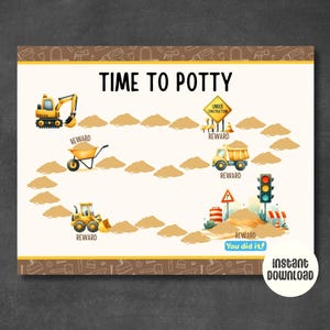 May include: A printable chart for potty training with a construction theme. The chart features a yellow construction vehicle, a yellow dumper truck, and a traffic light. The chart has the words "Time to Potty" at the top and "You did it!" at the bottom.