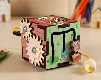 Sensory Busy Cube for Toddler, Activity Cube, 3rd Birthday Gifts, Wooden Busy Box for Kids, Fidget Cube, Travel Toys