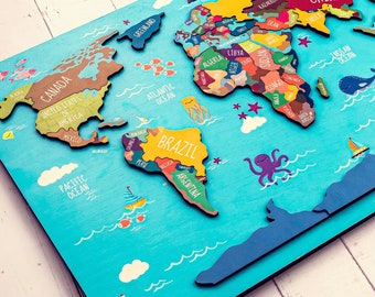 Kids world map, Gift for kids, World map puzzle for kids gift, Montessori toys 2 year old, Toddler toys, Wooden puzzle, Kids toys wooden