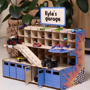 Little boy toy car garage, Wooden parking garage with ramps, Toddler personalized garage, Storage for toys cars, Birthday gift idea for boys