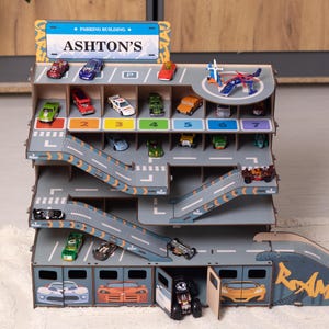 Wooden parking garage for boys, Jump ramp toy car, Personalized nursery garage, Toy car storage, Birthday gift for toddler, gift for godson