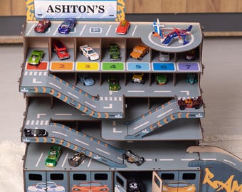 Wooden parking garage for boys, Jump ramp toy car, Personalized nursery garage, Toy car storage, Birthday gift for toddler, gift for godson