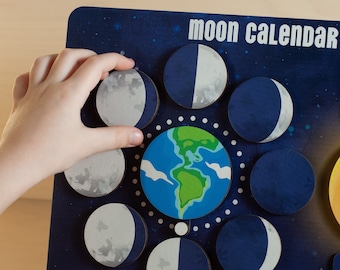 Lunar Wooden Calendar for Kids, Moon Phases Calendar, Back to School, Educational Gift