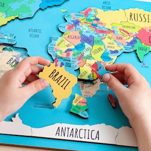 Kids world map, Gift for kids, World map puzzle for kids gift, Homeschool Jigsaw puzzle Kids puzzle Continent puzzle Geography for kids image 1