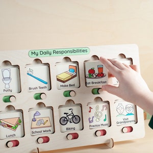 Wooden Daily Routine Chart, Chore Chart For Kids, Daily Responsibility Board, Montessori toys, Visual schedule toddler, Daily Rhythm Cards