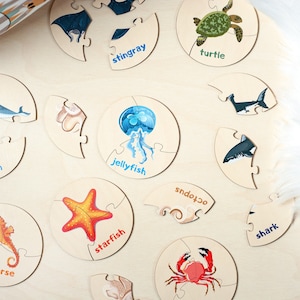 Puzzle assorti avec des animaux de l'océan pour tout-petit, jouets Montessori, cartes flash, jouets éducatifs en bois, cadeau d'anniversaire 2 ans