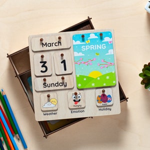 Montessori Desk Calendar for Kids, Toddler Circle Time, Morning Time, Homeschool Activities, Wooden Perpetual Calendar, Classroom Decor