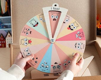 Feelings wheel, feelings chart, emotion chart, emotion wheel, feelings chart for kid, wood toy, homeschool game, Montessori toddler toys