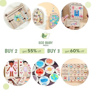 May include: A collection of educational wooden puzzles including a calendar board, star jars, human anatomy sets, planet discs, and a daily routine board. The text ECO BABY PUZZLE is centred above promotional text offering discounts for multiple item purchases.