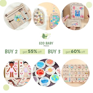 May include: Assortment of wooden educational puzzles for children. The puzzles include a human anatomy book, a star jar, a solar system, a calendar, and a human body. The puzzles are made of natural wood and have colourful illustrations.