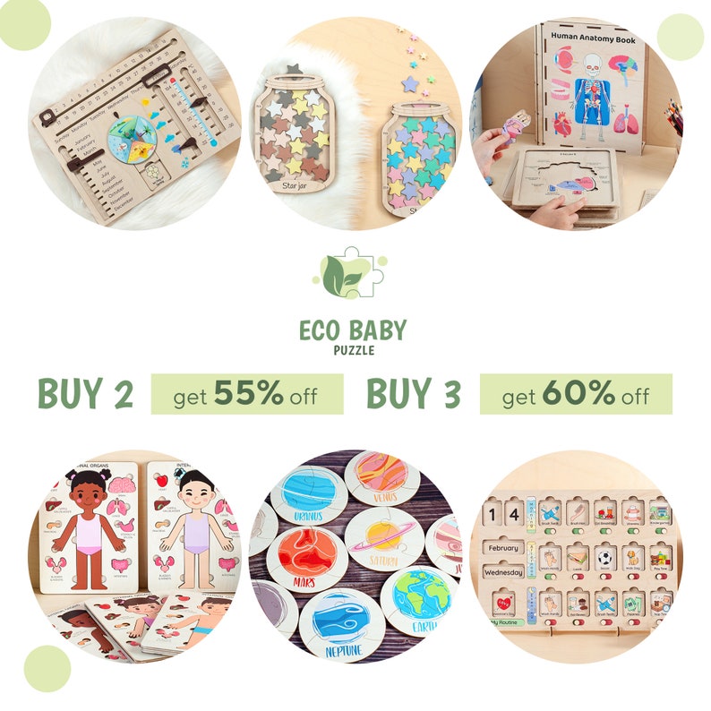 May include: Assortment of wooden educational puzzles for children. The puzzles include a human anatomy book, a star jar, a solar system, a calendar, and a human body. The puzzles are made of natural wood and have colourful illustrations.