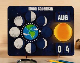 Magnetic Lunar Montessori Calendar for Kids, Wooden Autism Toy, 2 Year Old Gift, Educational Learning Tool, Preschool Gift