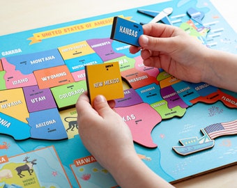 Puzzle carte des États-Unis pour enfants, carte des États-Unis, jouets Montessori, géographie pour enfants, jouets éducatifs, puzzle en bois, carte des États-Unis, cadeau d'anniversaire pour enfants