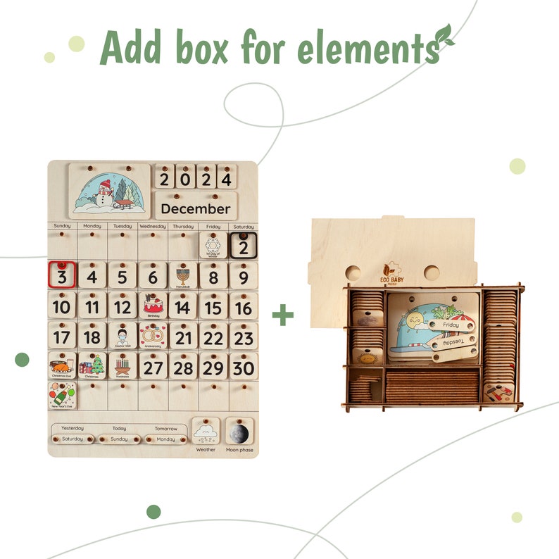 May include: Wooden calendar with a December 2024 theme. The calendar has a box for each day of the month with a small image or symbol representing a holiday or event. The calendar also includes a box for weather and moon phases. The calendar is accompanied by a separate wooden box with small wooden pieces that can be used to represent different activities or events.