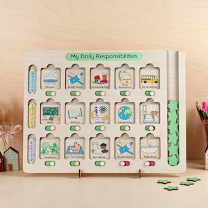 May include: A wooden daily responsibility chart with colorful illustrations and toggles for each activity. The chart is divided into three sections: morning, afternoon, and evening. The chart includes activities such as showering, brushing teeth, eating breakfast, packing a backpack, going to school, math, writing, science, geography, gymnastics, playing outdoors, doing the dishes, eating dinner, brushing teeth, and taking a bath.