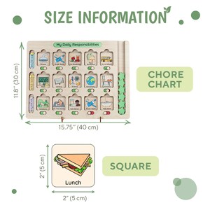 May include: A wooden chore chart with a green and white star design. The chart is 15.75 inches wide and 11.8 inches tall. It has a variety of activities listed on it, such as "Brush Teeth", "Eat Breakfast", and "Go to School". The chart also includes a small square with a picture of a sandwich and the word "Lunch".