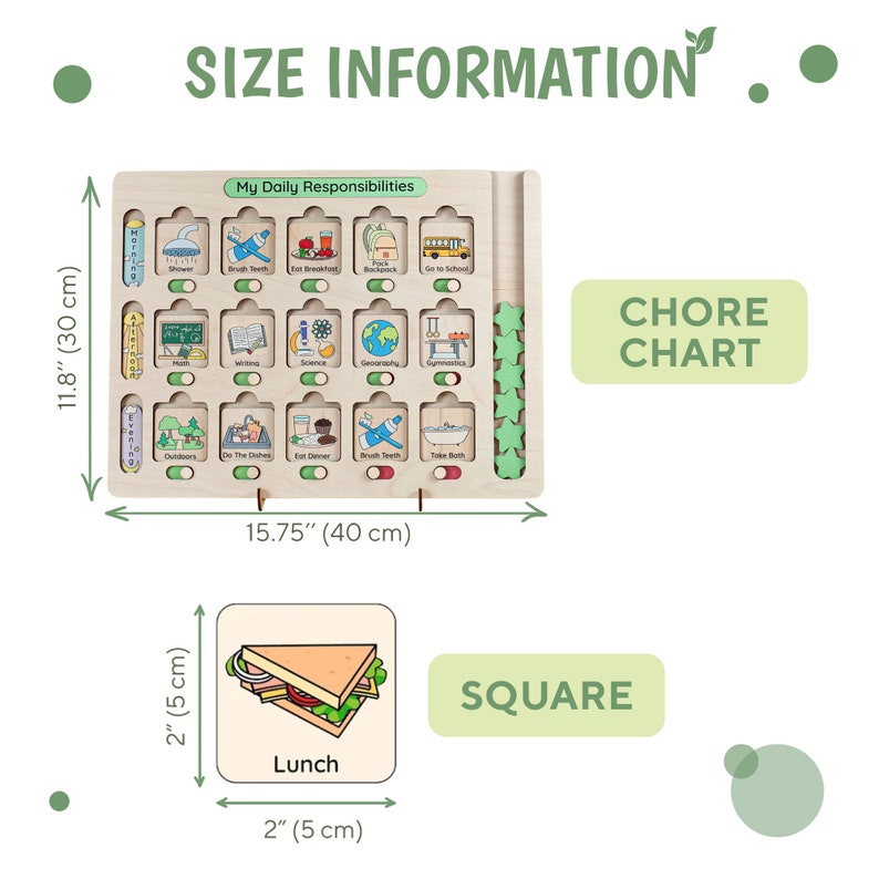 May include: A wooden chore chart with a green and white star design. The chart is 15.75 inches wide and 11.8 inches tall. It has a variety of activities listed on it, such as "Brush Teeth", "Eat Breakfast", and "Go to School". The chart also includes a small square with a picture of a sandwich and the word "Lunch".
