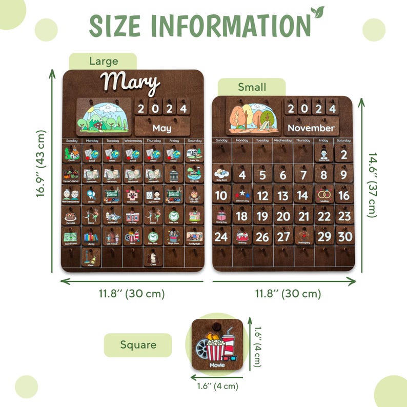 May include: A brown wooden calendar with a personalized name, "Mary", and the year 2024. The calendar is 16.9 inches tall and 11.8 inches wide. There is a smaller calendar with the month of November and the year 2024. The smaller calendar is 14.6 inches tall and 11.8 inches wide.