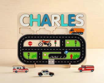 Personalized Wooden Name Puzzle for Toddlers, Baby Boy Birthday Gift, Name Puzzle with Cars, Wooden Name Puzzle for Boys, Custom Name Toys