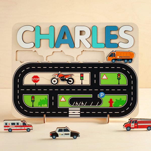 Personalized Wooden Name Puzzle for Toddlers, Baby Boy Birthday Gift, Name Puzzle with Cars, Wooden Name Puzzle for Boys, Custom Name Toys