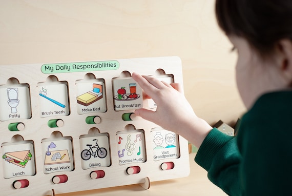 Wooden Daily Routine Chart, Chore Chart For Kids, Daily Responsibility Board, Montessori toys, Visual schedule toddler, Daily Rhythm Cards