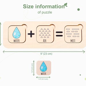 A wooden puzzle with three pieces, showing the equation "water + air = mist". The puzzle measures 9 inches by 3.14 inches. Each piece is 1.6 inches square.