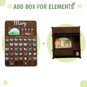 May include: A wooden calendar with the name "Mary" and the year "2024" printed on it. The calendar has a brown background and features a variety of images and text. The calendar is accompanied by a wooden box with a brown background and a small image of a park scene. The box has a number "5" printed on it.