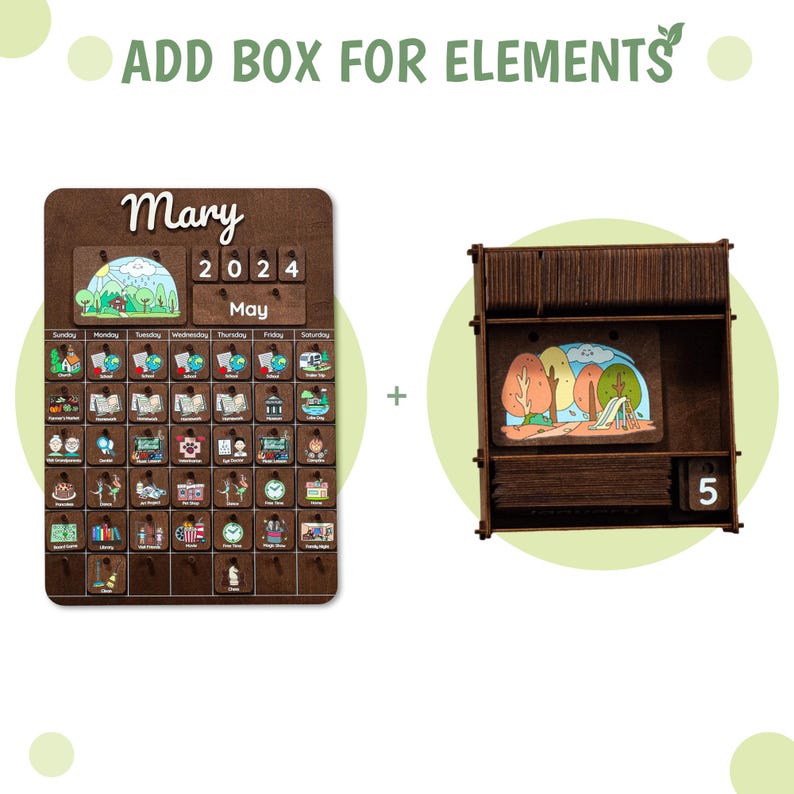 May include: A wooden calendar with the name "Mary" and the year "2024" printed on it. The calendar has a brown background and features a variety of images and text. The calendar is accompanied by a wooden box with a brown background and a small image of a park scene. The box has a number "5" printed on it.