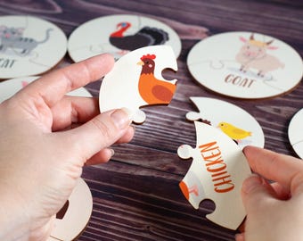 Wooden Farm Animal Puzzle, Toddler Learning Toy, Montessori Puzzle, Gift for 5 Years Old