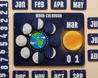 Wooden Moon Lunar Calendar, Montessori Learning Tool, Preschool Science, Educational Toy