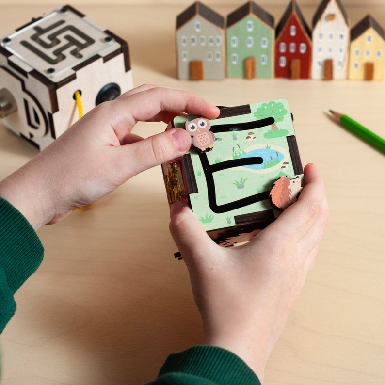 May include: A wooden box with a green and brown design. The box has a letter "E" on the front and a small owl and hedgehog on the sides. The box is being held by a person's hands.