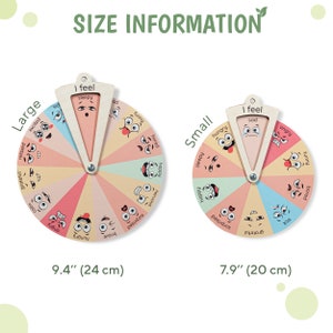 May include: Two circular wooden emotion wheels labelled Large and Small. The large wheel measures 24 cm and the small wheel measures 20 cm. Each wheel features a rotating pointer labelled I feel and segments with various facial expressions.