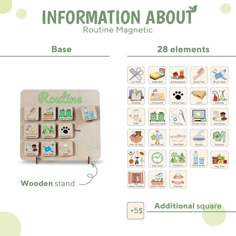Op de afbeelding: Houten magnetisch routinebord met 28 ge&iuml;llustreerde elementen, waaronder taken als tandenpoetsen en ontbijten. Het bord heeft een houten standaard en de tekst "Information About Routine Magnetic".
