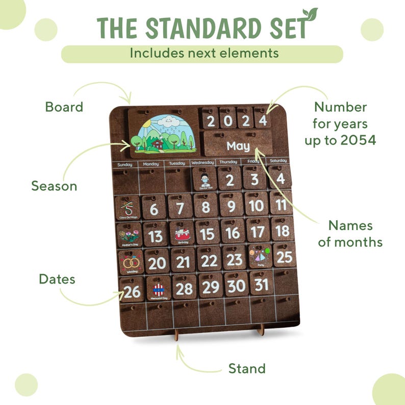 May include: A wooden calendar with a brown background and a stand. The calendar has a small picture of a house in a forest at the top. The calendar is labeled with the year 2024 and the month of May. The calendar has days of the week and dates. The calendar is labeled with the words "The Standard Set" and "Includes next elements".