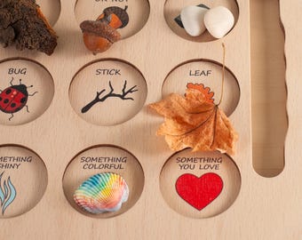 Wooden Nature Scavenger Hunt Board, Toddler Outdoor Activity Set