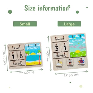 May include: Two wooden calendar boards in different sizes. The smaller board measures 5.9 inches by 7.9 inches and features a June calendar with the numbers 1 and 6, the word "Sunday", and a summer scene. The larger board measures 7.9 inches by 7.9 inches and features a March calendar with the numbers 3 and 1, the word "Sunday", and a spring scene. Both boards have a variety of colourful illustrations.